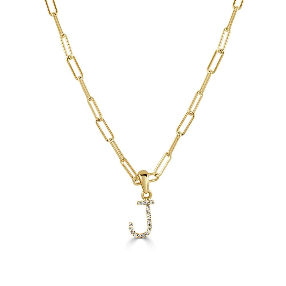 14k Yellow Gold & Diamond Paperclip Initial “J” Necklace